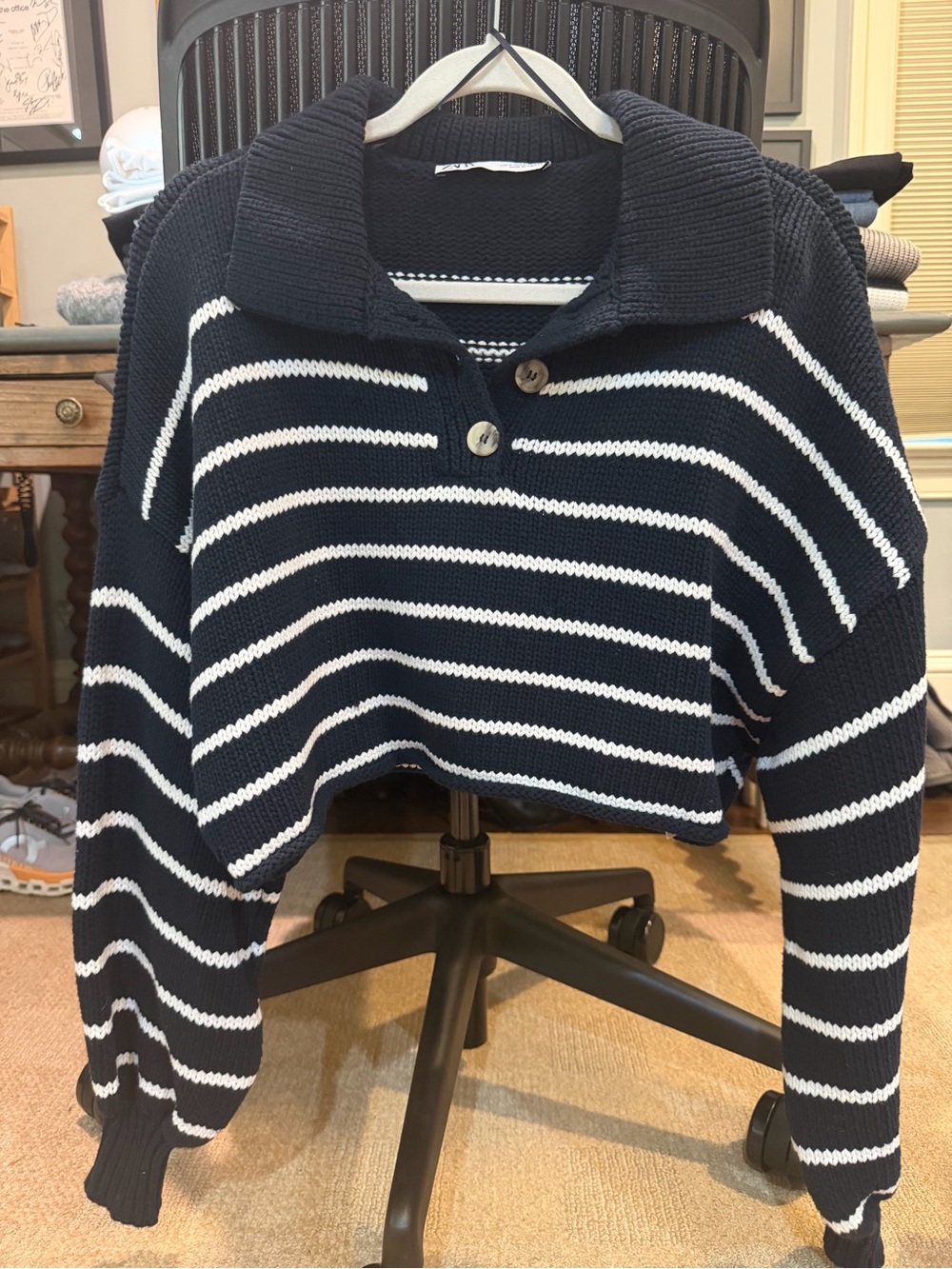 Zara Navy and White Striped Cropped Crew Sweater